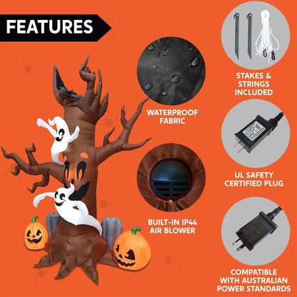 8 FT Halloween Inflatables Spooky Tree with Ghost,Pumpkin & Tombstone Tree Blow up Decor with Built-In LED Lights for Yard,Lawn,Garden,Party,Holiday Outdoor Decorations