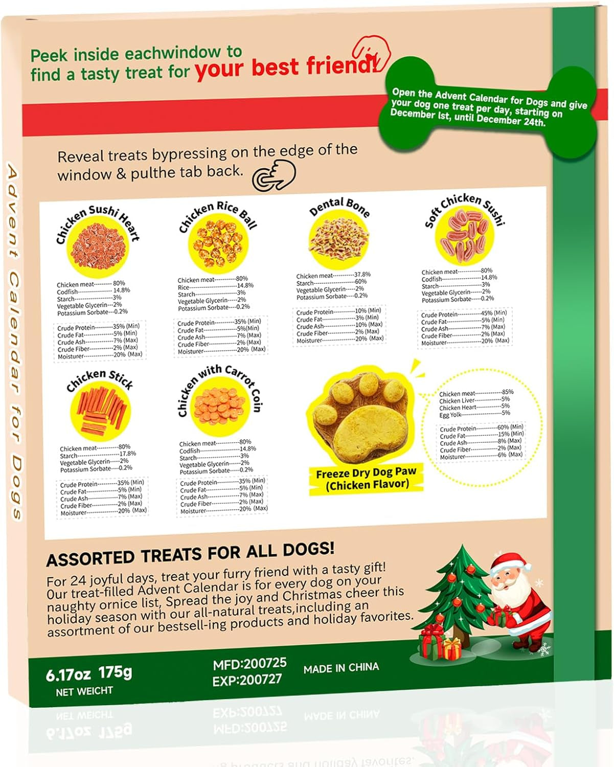 Advent Calendar for Dogs 2025, Dog Advent Calendar 2025, 24 Tasty Dog Treats for Christmas, Whole Meat for All Breeds, Box for Pets