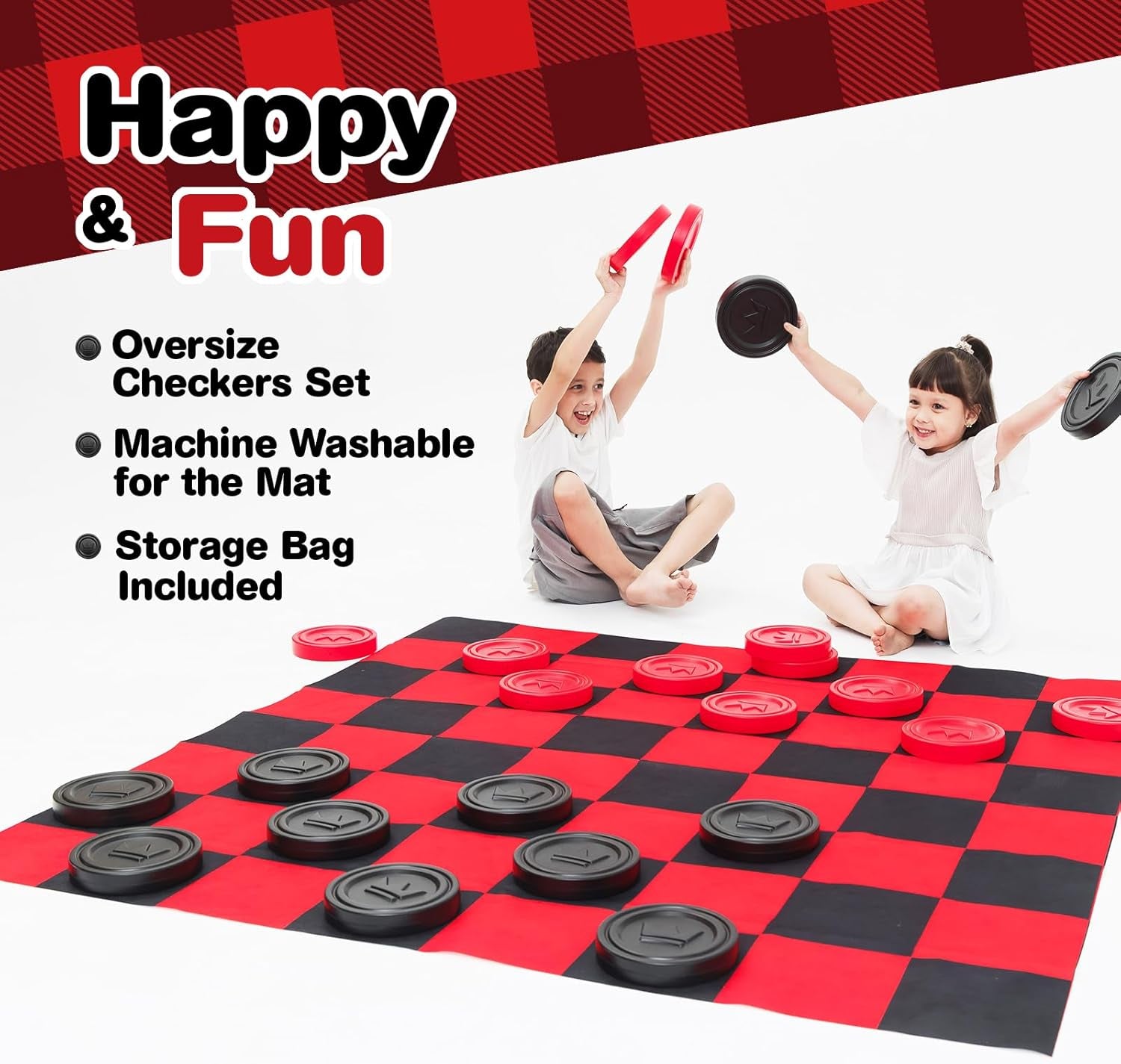 Jumbo Checkers Set with Storage Bag - 58 Inch Mat - Outdoor & Indoor Play Toys, Backyard Board Games, Family Party, Birthday for Toddlers Ages 5 6 7 8 Year Old - Amazon Exclusive