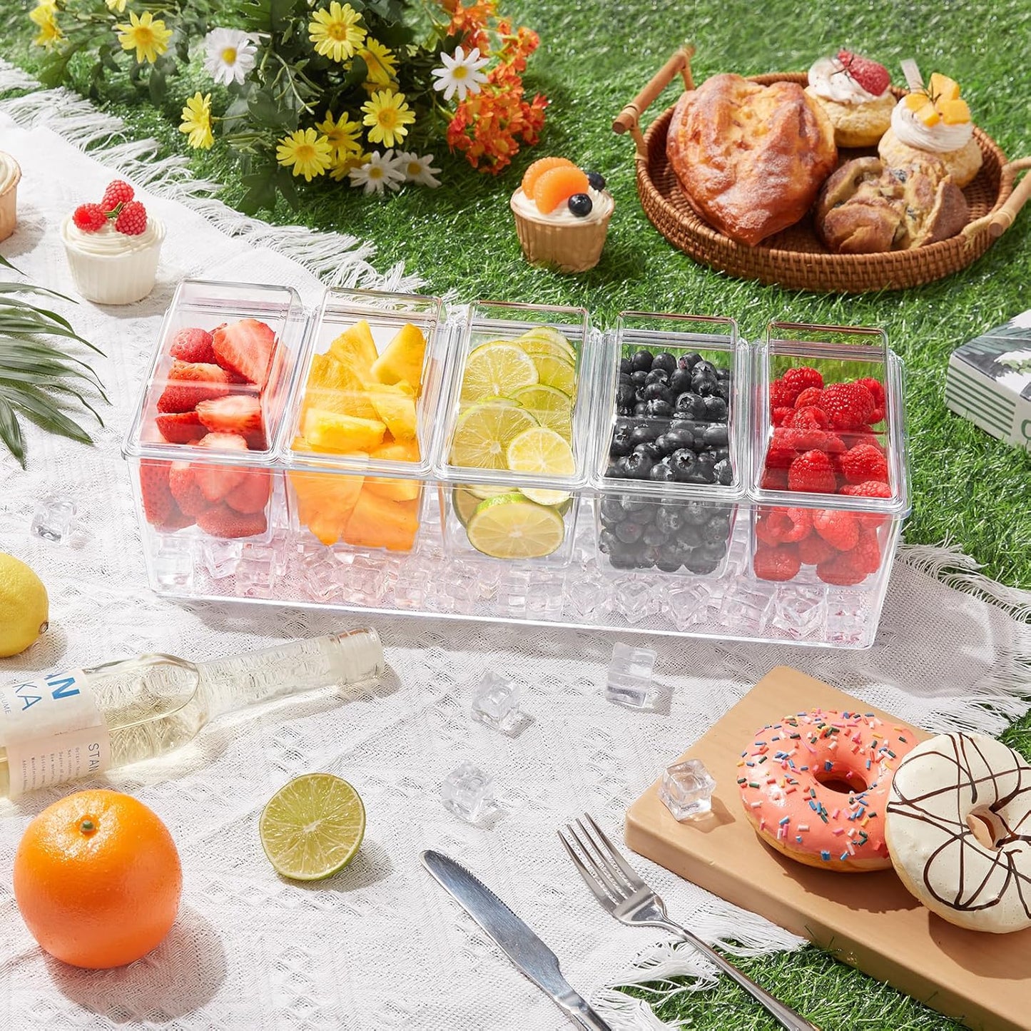 Ice Chilled Condiment Caddy with 5X 20Oz(2.5 Cup) Containers, 15.3" Condiment Server with Separate Lids, Serving Tray Platter with Removable Dishes for Bar, Fruit, Salad, Taco, Party Garnish