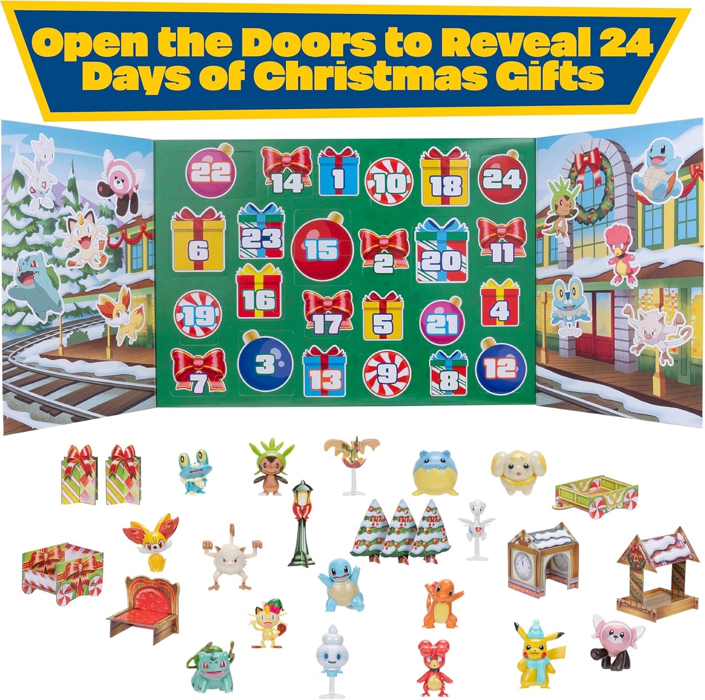 2025 Holiday Christmas Advent Calendar 24 Piece Gift Playset - Officially Licensed - Includes 2" Pikachu, Bulbasaur, Charmander & More - 16 Toy Figures & 8 Accessories - Kids, Boys, Girls - 4+