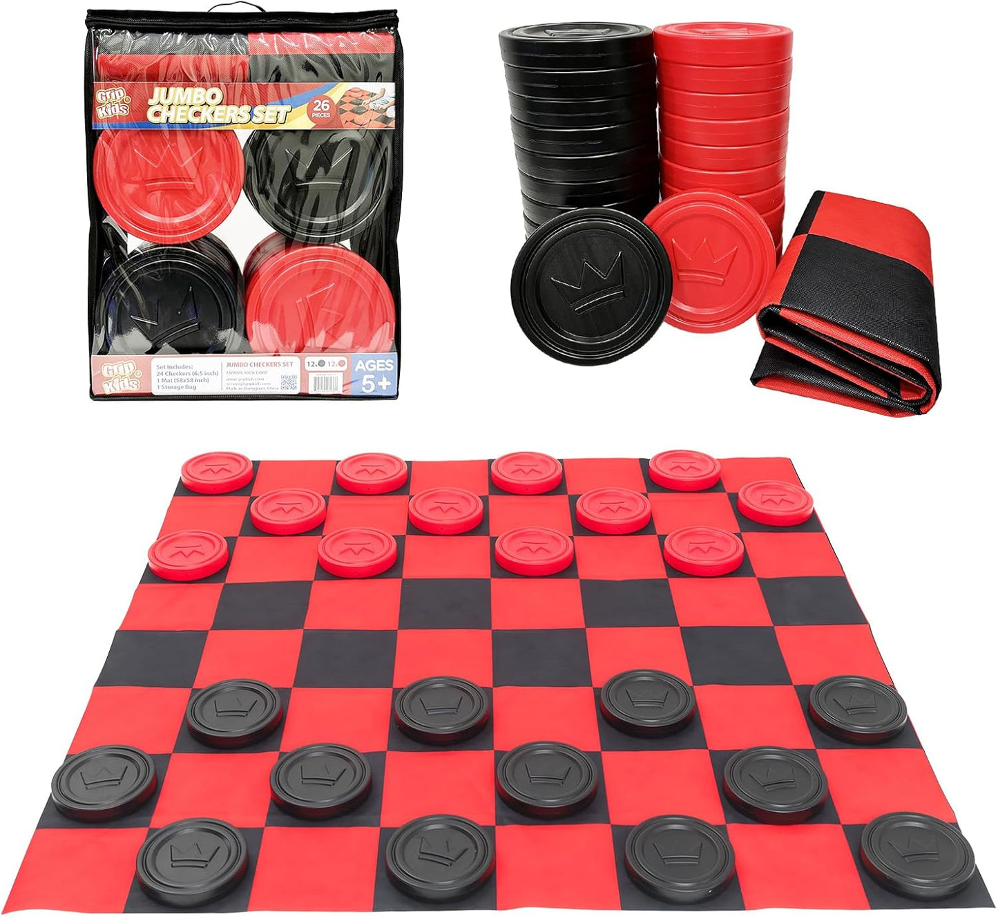 Jumbo Checkers Set with Storage Bag - 58 Inch Mat - Outdoor & Indoor Play Toys, Backyard Board Games, Family Party, Birthday for Toddlers Ages 5 6 7 8 Year Old - Amazon Exclusive