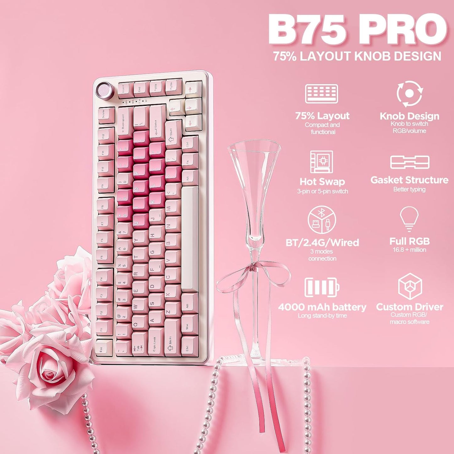 B75 PRO Wireless Mechanical Keyboard,75% Layout with Knob,Hot Swap Gasket Custom Structure,Creamy Pre-Lubed Switches,Rgb Backlit,Bluetooth/Type-C/2.4G for Win/Mac(Cocoa Cream V2 Switch,Pink)