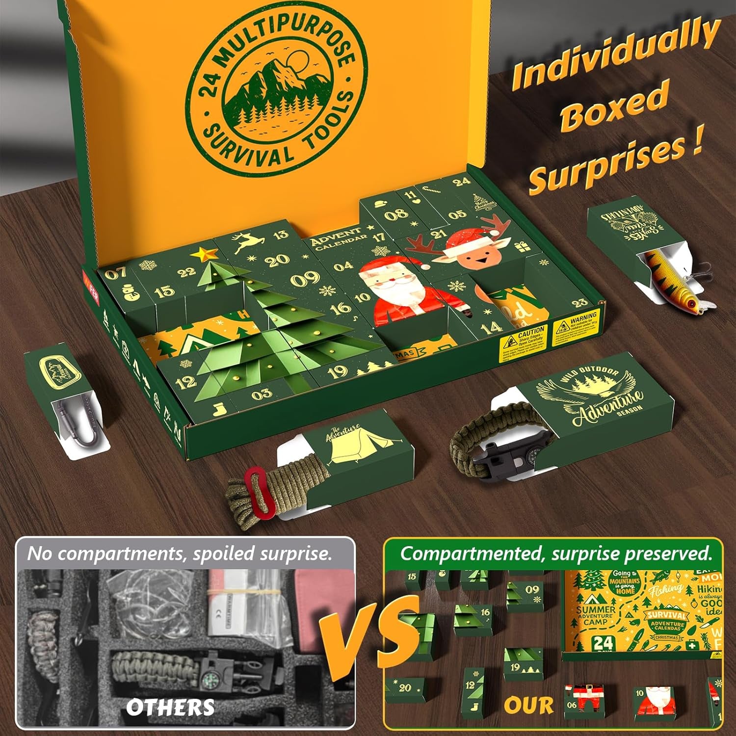 Survival Kit Advent Calendar 2025 for Men – 24 Days Christmas Countdown Survival Tools for Adult Teen, Xmas Holiday Surprise Gifts for Outdoor Enthusiasts, Camping, Fishing, Hunting, Hiking