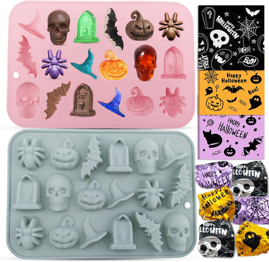 2-Pack Halloween Chocolate Molds, 18-Cavity Spider Skull Silicone Molds + 60 Foil Wrappers – DIY Candy, Chocolate & Treats