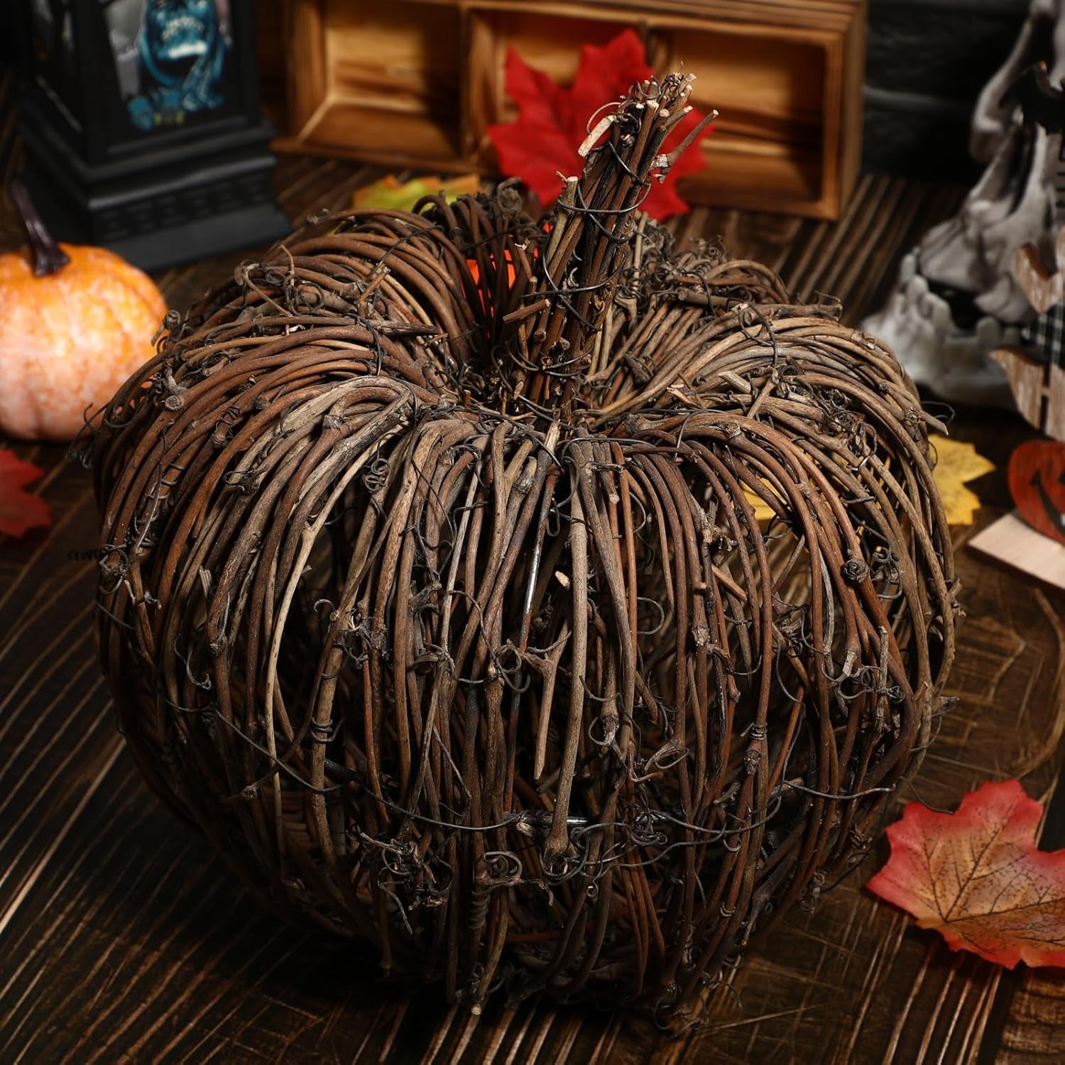 Wicker Halloween Pumpkin Decor - Fall Harvest Rattan Grapevine Pumpkin Thanksgiving Festive Tabletop Decor for Home Halloween, 9.8X8.7 Inch
