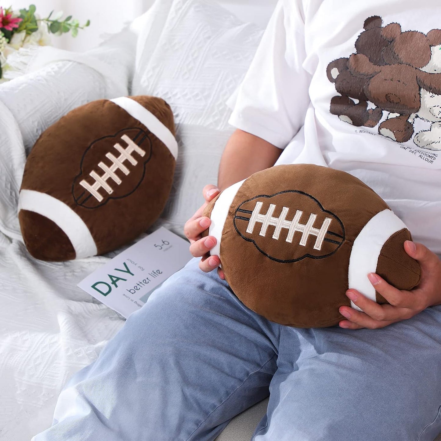 2 Pcs Plush Football Pillows Fluffy Soft Stuffed Sports Throw Pillows Cute Football Shaped Cushions for Bedroom Nursery Room Decoration