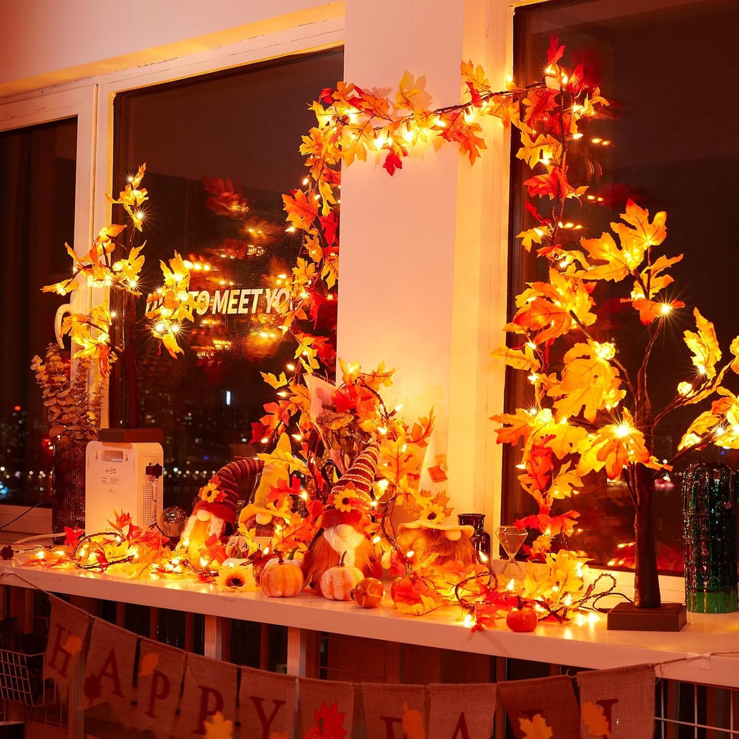 Fall Decorations for Home 9FT Plug in Thanksgiving Lights Lighted Fall Garland 50 Bulbs Maple Leaves Lights, Connectable Fall Light for Indoor Outdoor Halloween, Thanksgiving, Holidays Decorations