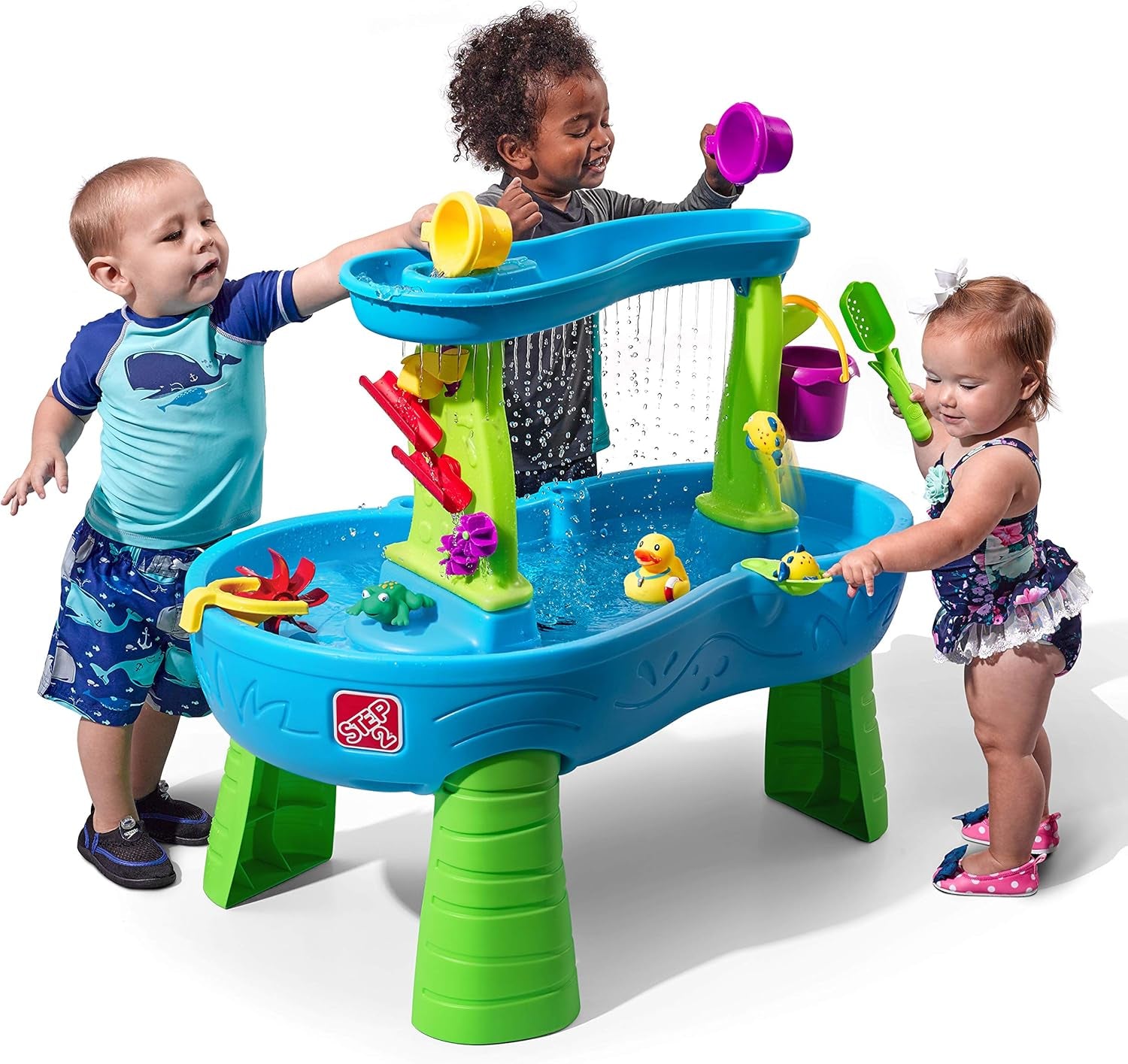 Rain Showers Splash Pond Water Table, Kids Water and Sand Activity Sensory Playset, Summer Outdoor Toys, 13 Piece Water Toy Accessories, for Toddlers 1.5+ Years Old, Blue & Green