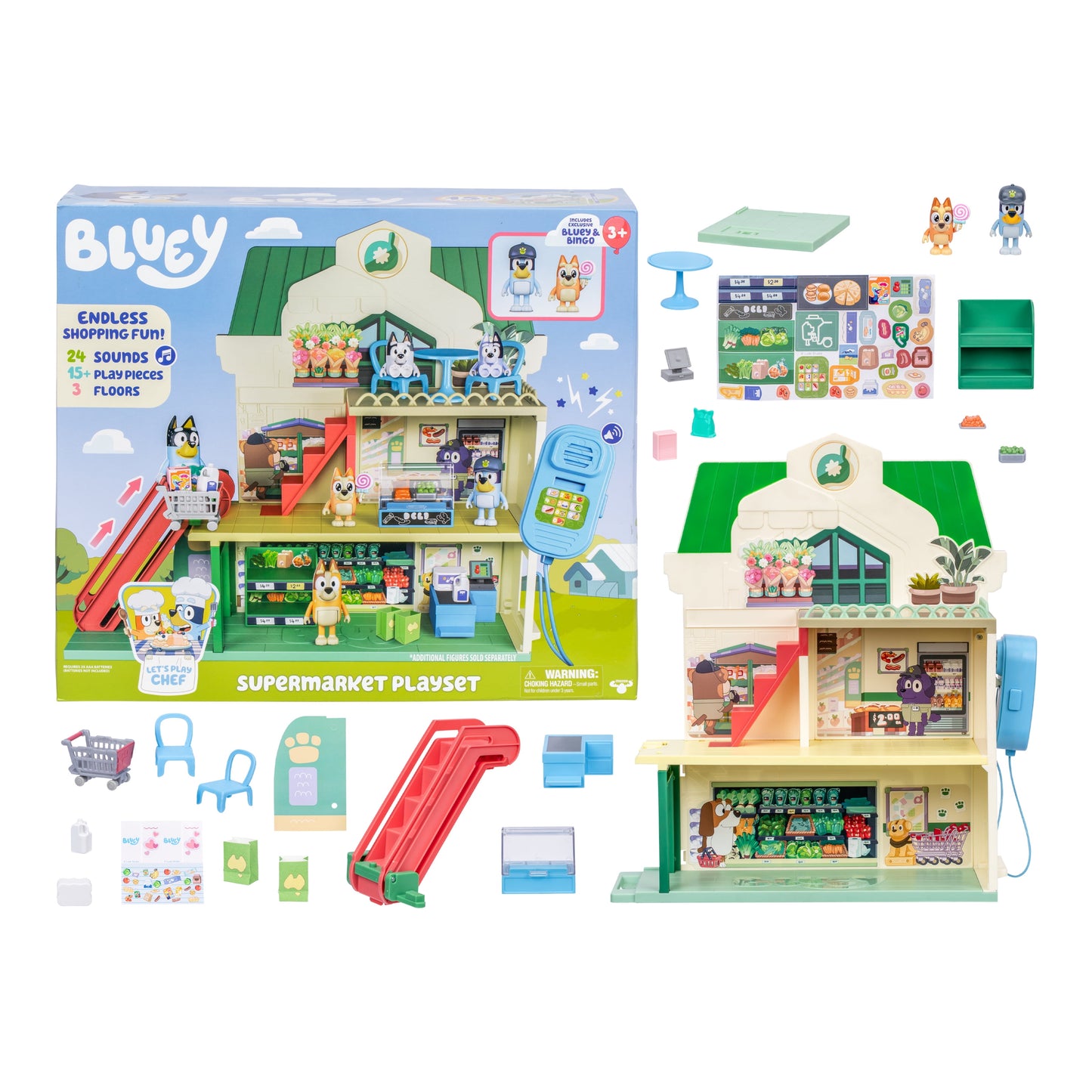 Supermarket Playset, 3 Different Levels with Exclusive  and Bingo Figures. 24 Sounds and 15+ Play Pieces plus Fun Intercom, Ages 3+
