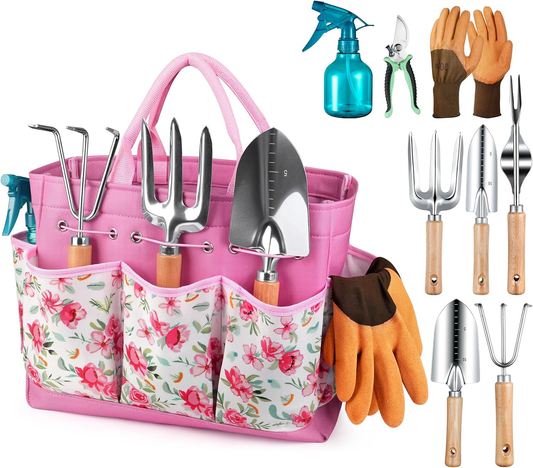 Gardening Tools 9-Piece Heavy Duty Garden Hand Tools with Fashion and Durable Garden Tools Organizer Handbag, Rust-Proof Garden Tool Set, Ideal Gardening Gifts for Women (Pink)