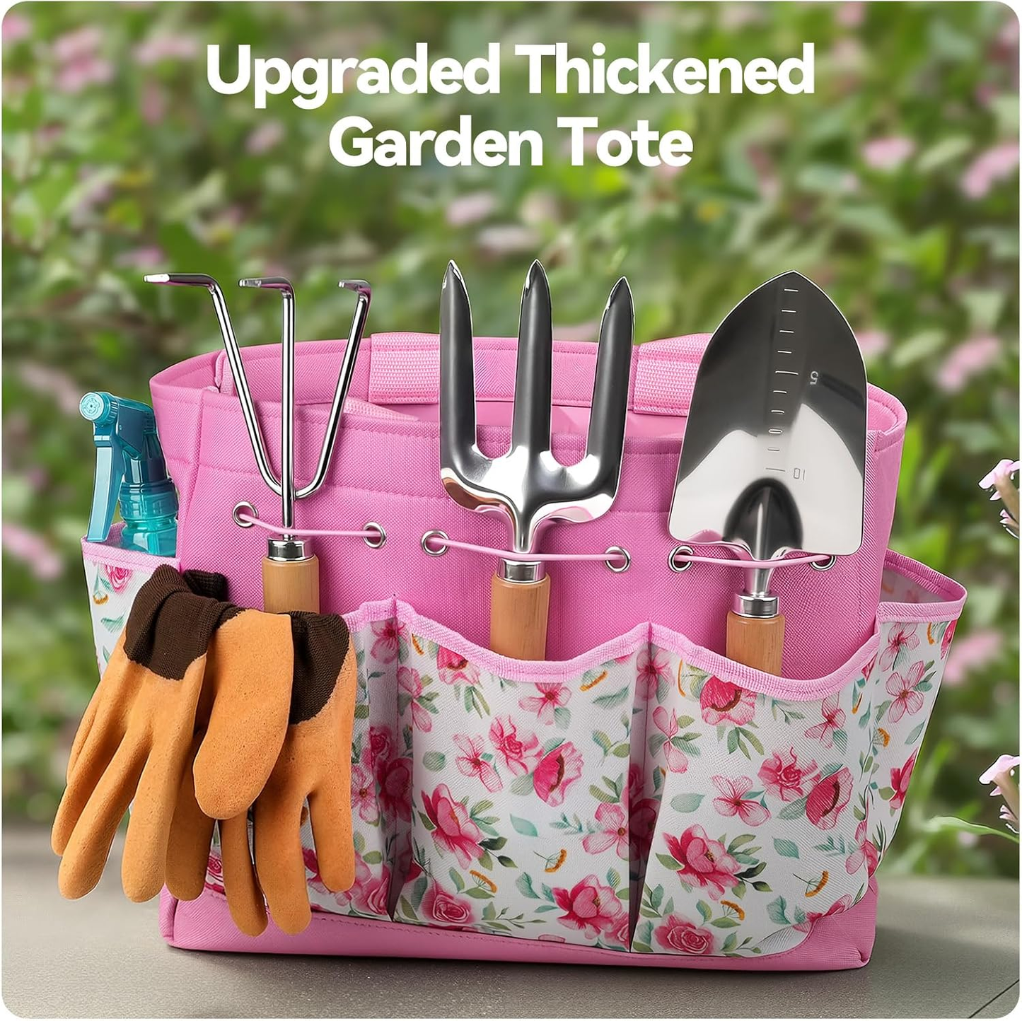 Gardening Tools 9-Piece Heavy Duty Garden Hand Tools with Fashion and Durable Garden Tools Organizer Handbag, Rust-Proof Garden Tool Set, Ideal Gardening Gifts for Women (Pink)