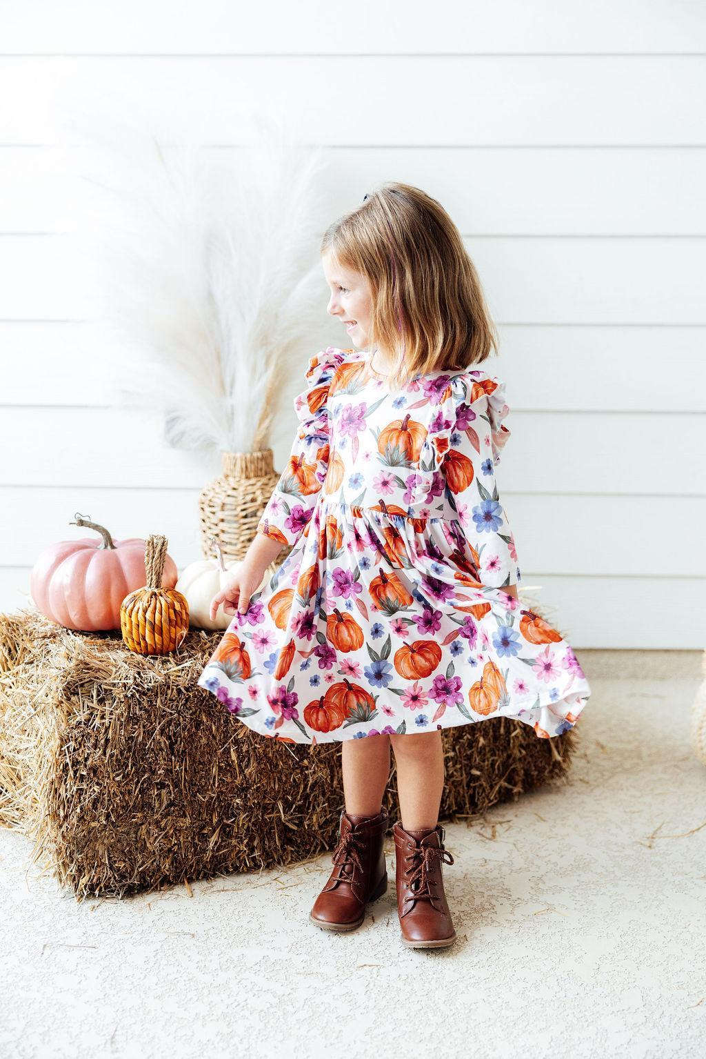 Hey Pumpkin 3/4 Sleeve Ruffle Twirl Dress Baskit Bazaar