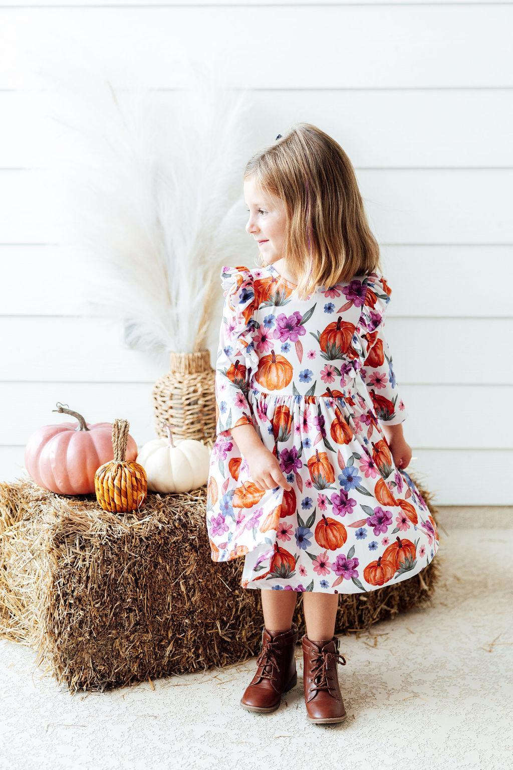 Hey Pumpkin 3/4 Sleeve Ruffle Twirl Dress Baskit Bazaar