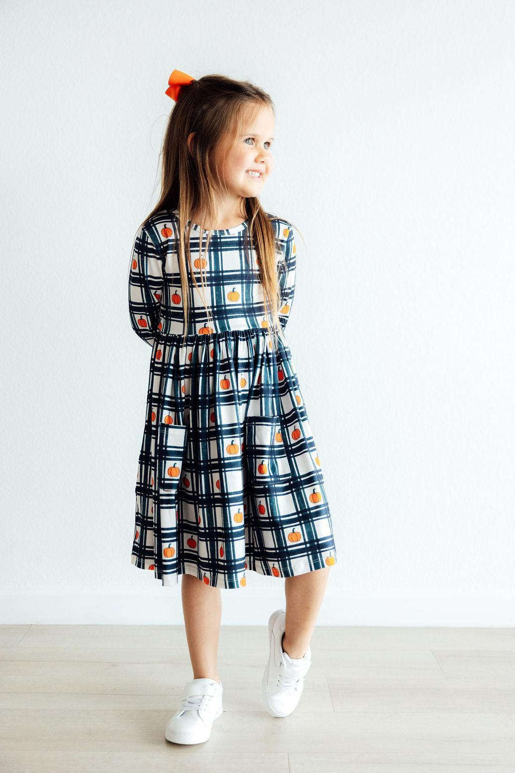Plaid Pumpkins L/S Pocket Twirl Dress Baskit Bazaar