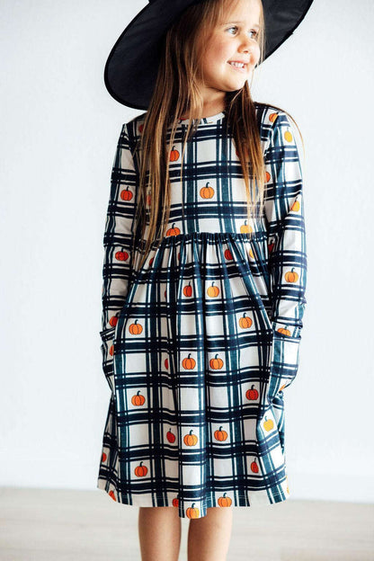 Plaid Pumpkins L/S Pocket Twirl Dress Baskit Bazaar