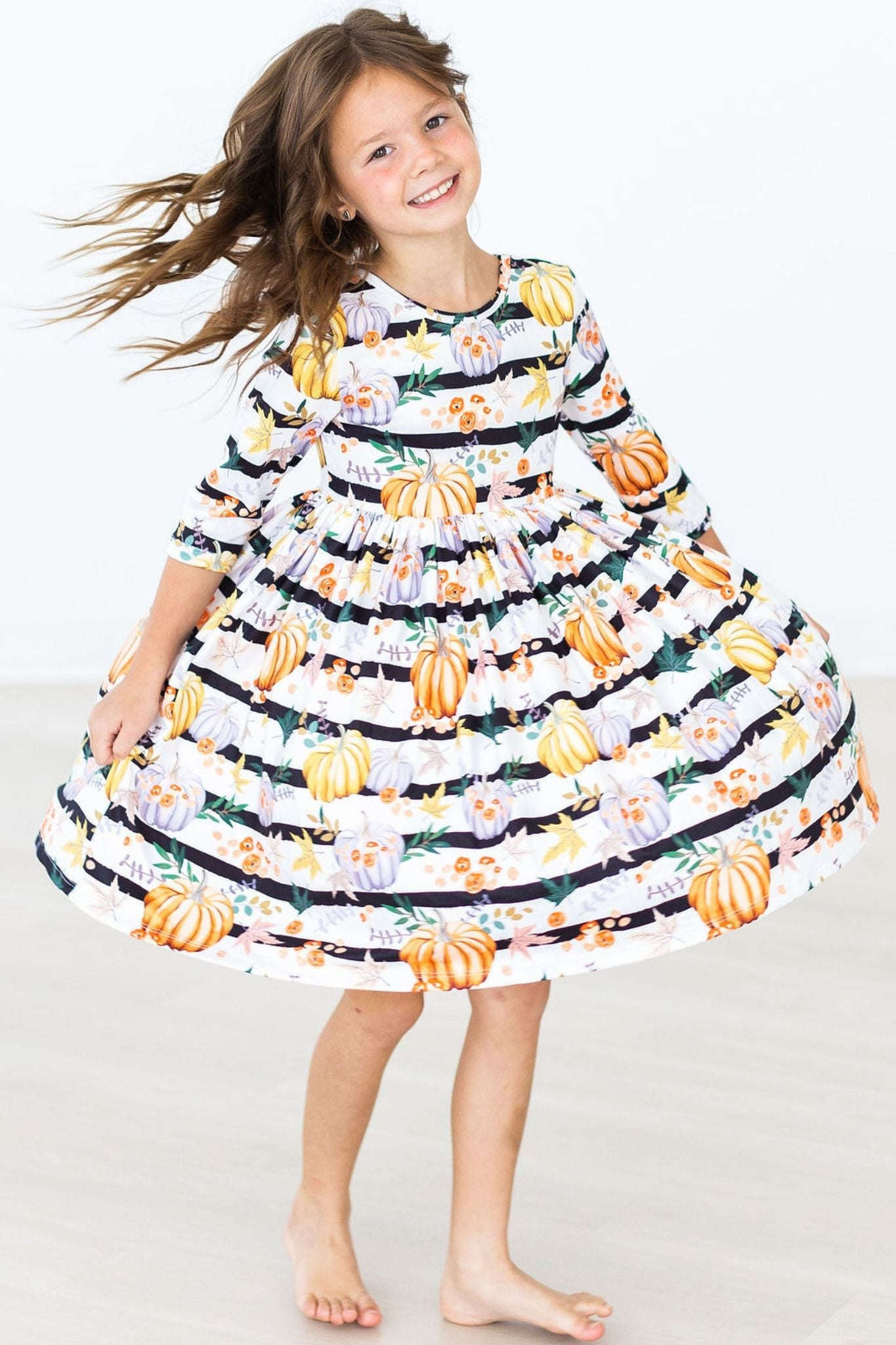 Pumpkins & Peonies 3/4 Sleeve Pocket Twirl Dress Baskit Bazaar