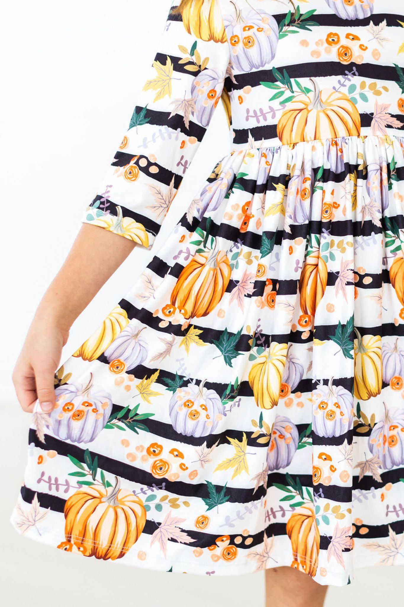 Pumpkins & Peonies 3/4 Sleeve Pocket Twirl Dress Baskit Bazaar