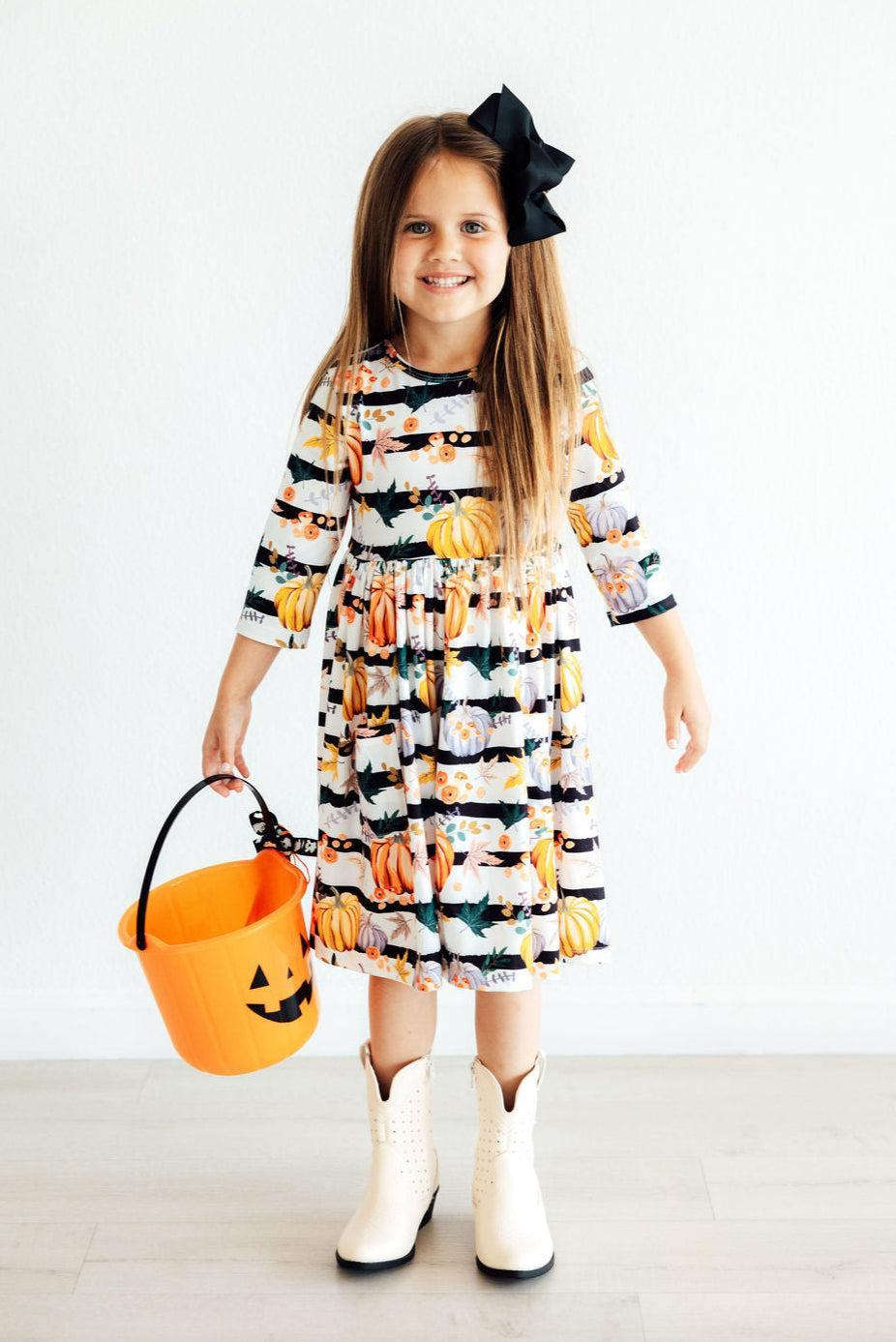 Pumpkins & Peonies 3/4 Sleeve Pocket Twirl Dress Baskit Bazaar