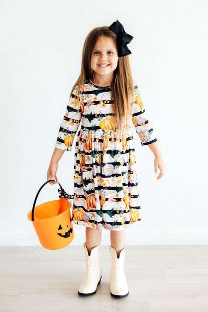 Pumpkins & Peonies 3/4 Sleeve Pocket Twirl Dress Baskit Bazaar