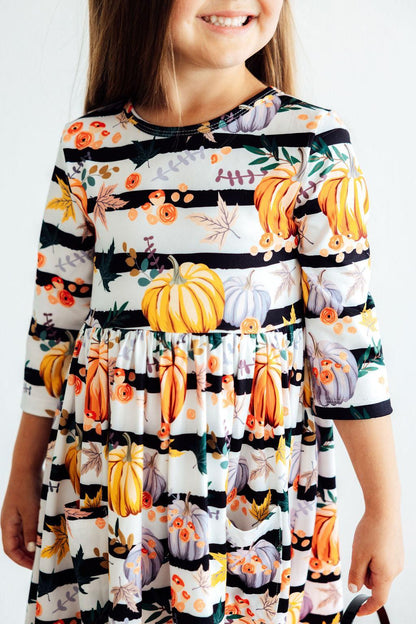 Pumpkins & Peonies 3/4 Sleeve Pocket Twirl Dress Baskit Bazaar