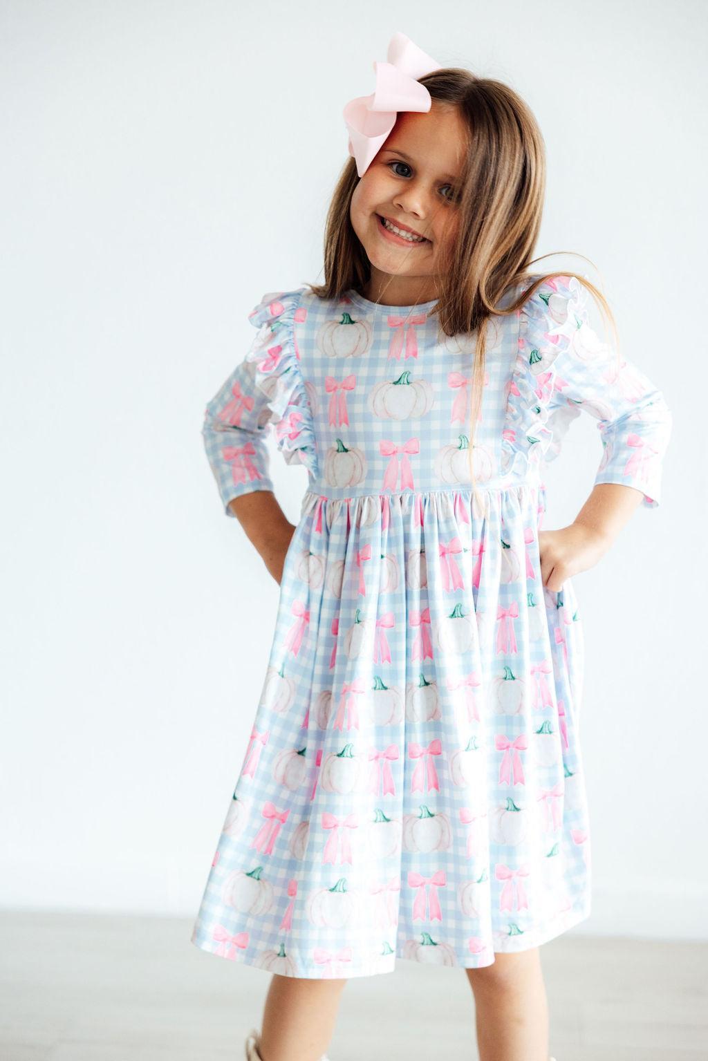 SALE Pumpkin Picnic 3/4 Sleeve Ruffle Twirl Dress Baskit Bazaar