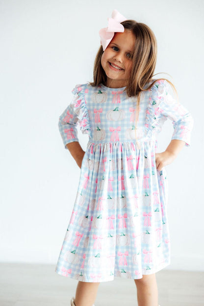 SALE Pumpkin Picnic 3/4 Sleeve Ruffle Twirl Dress Baskit Bazaar