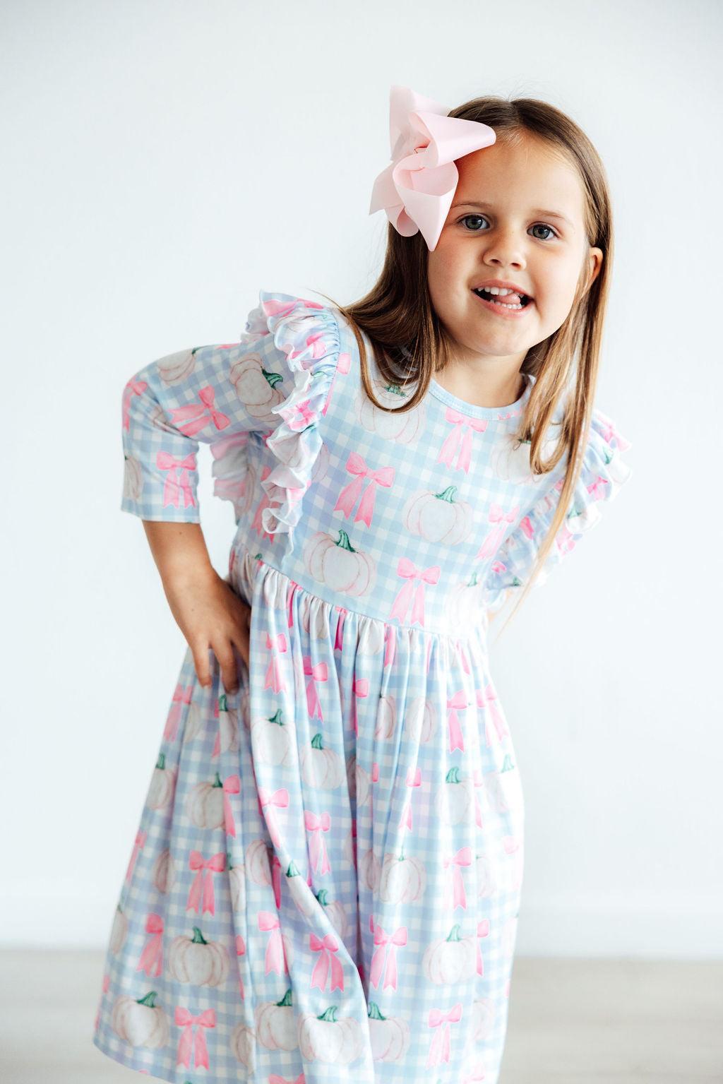 SALE Pumpkin Picnic 3/4 Sleeve Ruffle Twirl Dress Baskit Bazaar