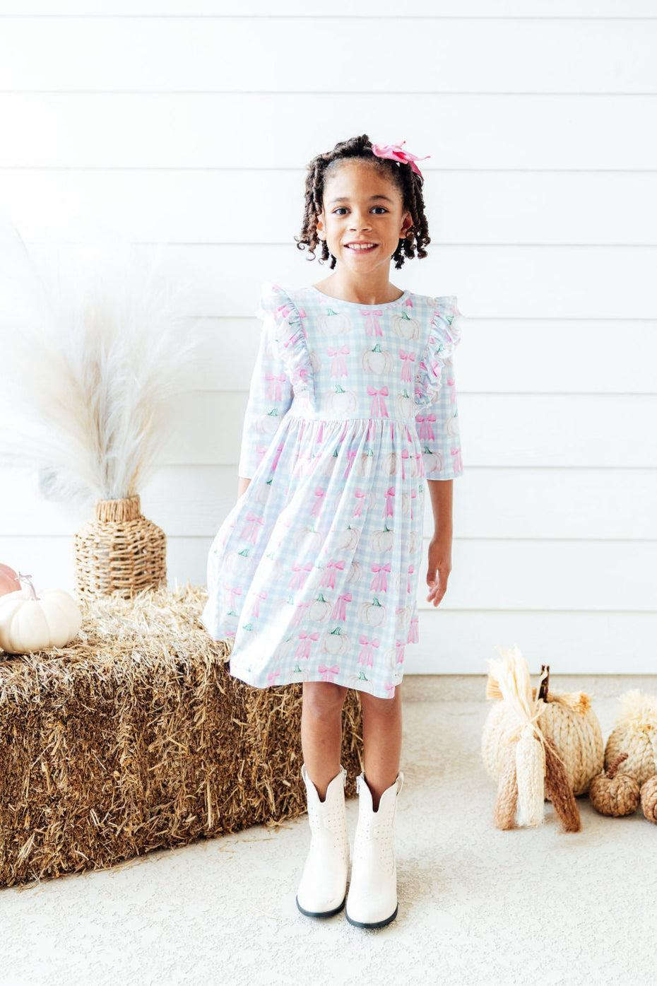 SALE Pumpkin Picnic 3/4 Sleeve Ruffle Twirl Dress Baskit Bazaar