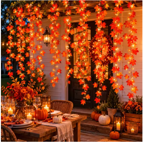 Autumn Faux Maple Leaf Vine Garland with Lights LED Thickened Maple Vine and Durable, Reusable Suitable Thanksgiving, Halloween