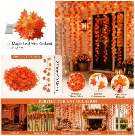 Autumn Faux Maple Leaf Vine Garland with Lights LED Thickened Maple Vine and Durable, Reusable Suitable Thanksgiving, Halloween