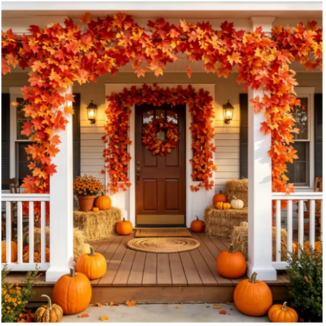 Autumn Faux Maple Leaf Vine Garland with Lights LED Thickened Maple Vine and Durable, Reusable Suitable Thanksgiving, Halloween