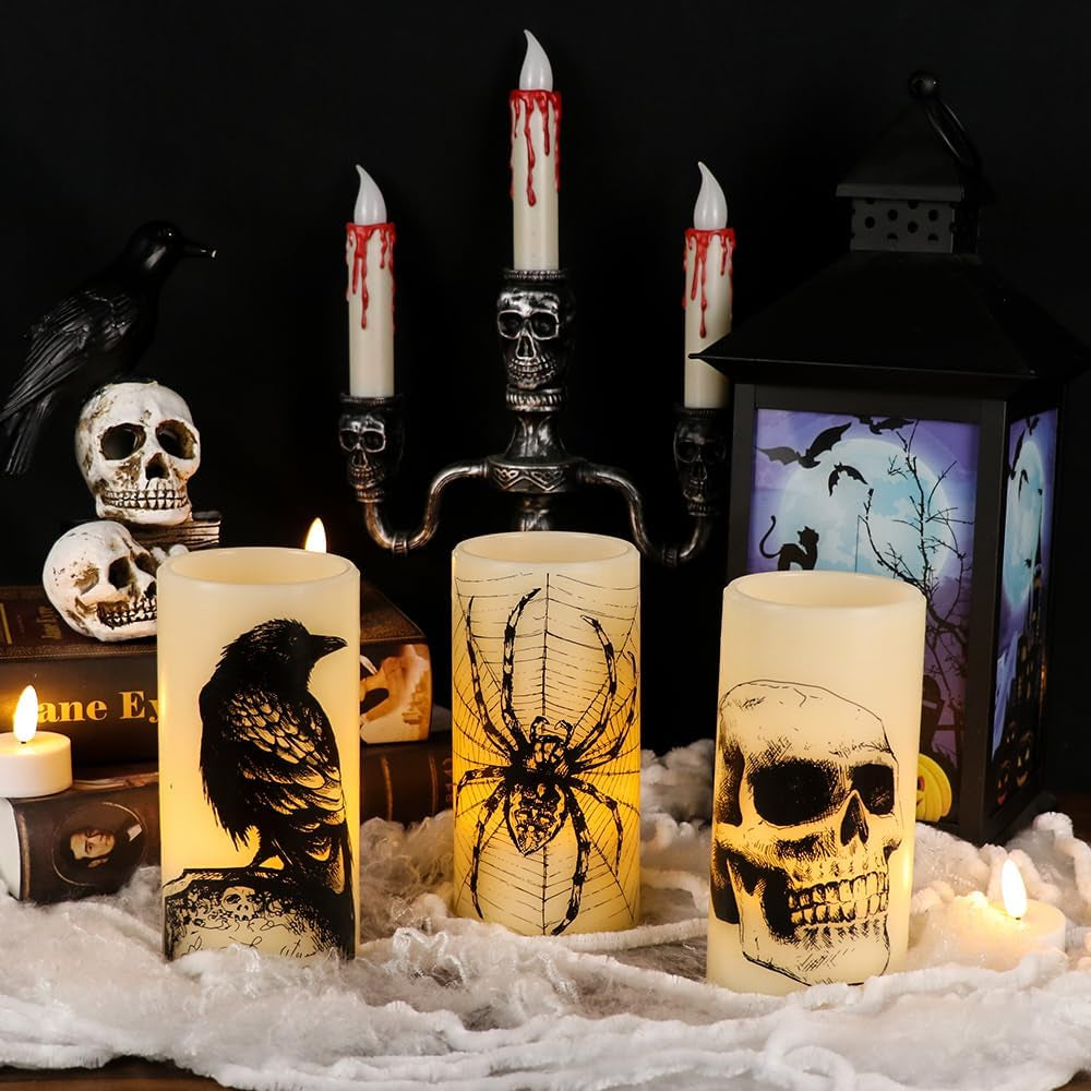 Halloween LED Flameless Flickering Candles Battery Operated with 6H Timer Skull Spider Web Crow Raven Spooky Decals Halloween Themed Indoor Decoration(3 Pack, D3 X H6)
