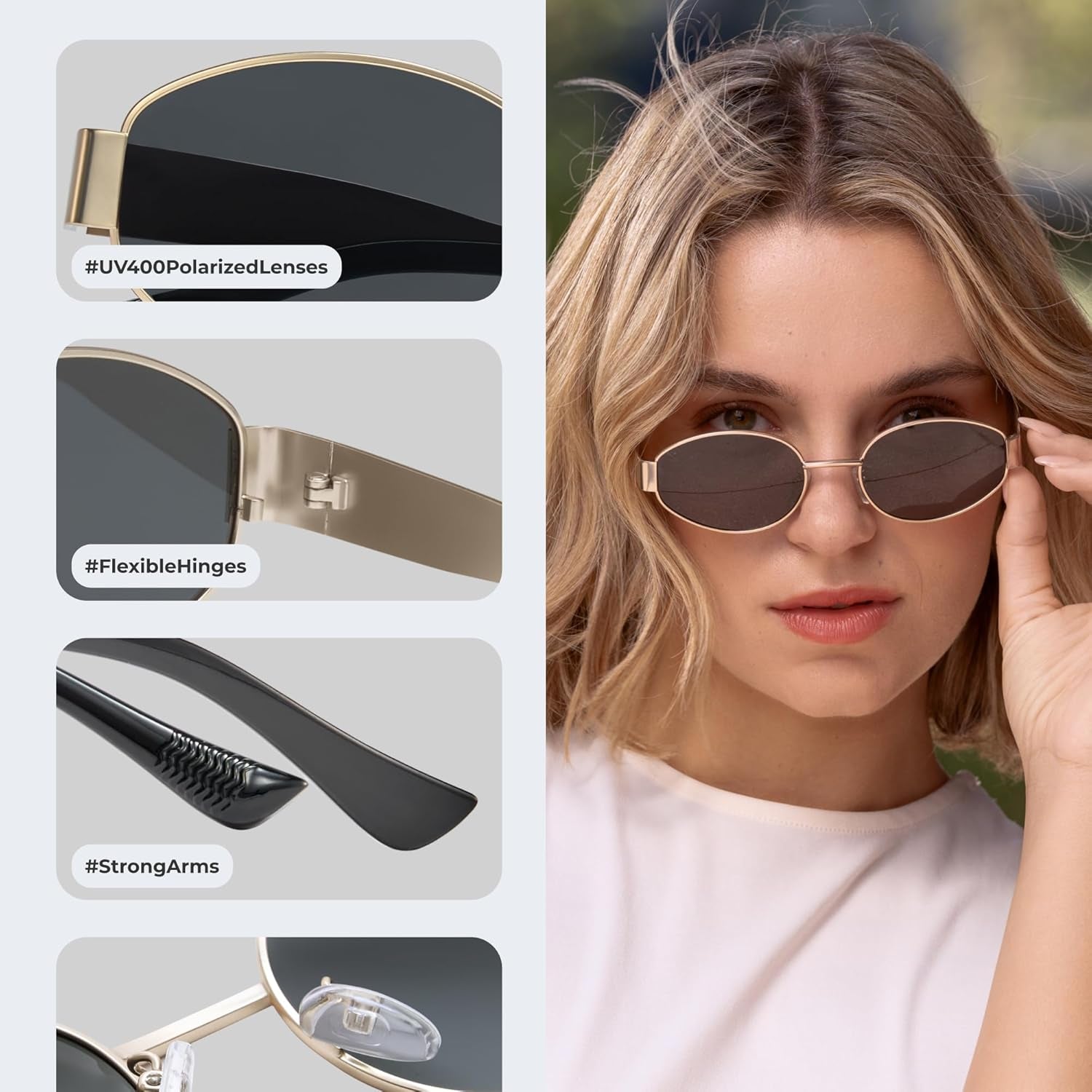 Retro Polarized Sunglasses - UV400 Protection, Oval Shape, Metal Frames - Matching Soft Case Inlcuded