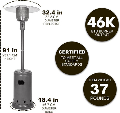 46,000 BTU Portable Outdoor Propane Patio Heater with Wheels, Commercial & Residential with Water Tank, Adjustable Heat Output, 9-Foot Radius, Slate Gray, 32.1"L X 32.1"W X 91.3"H