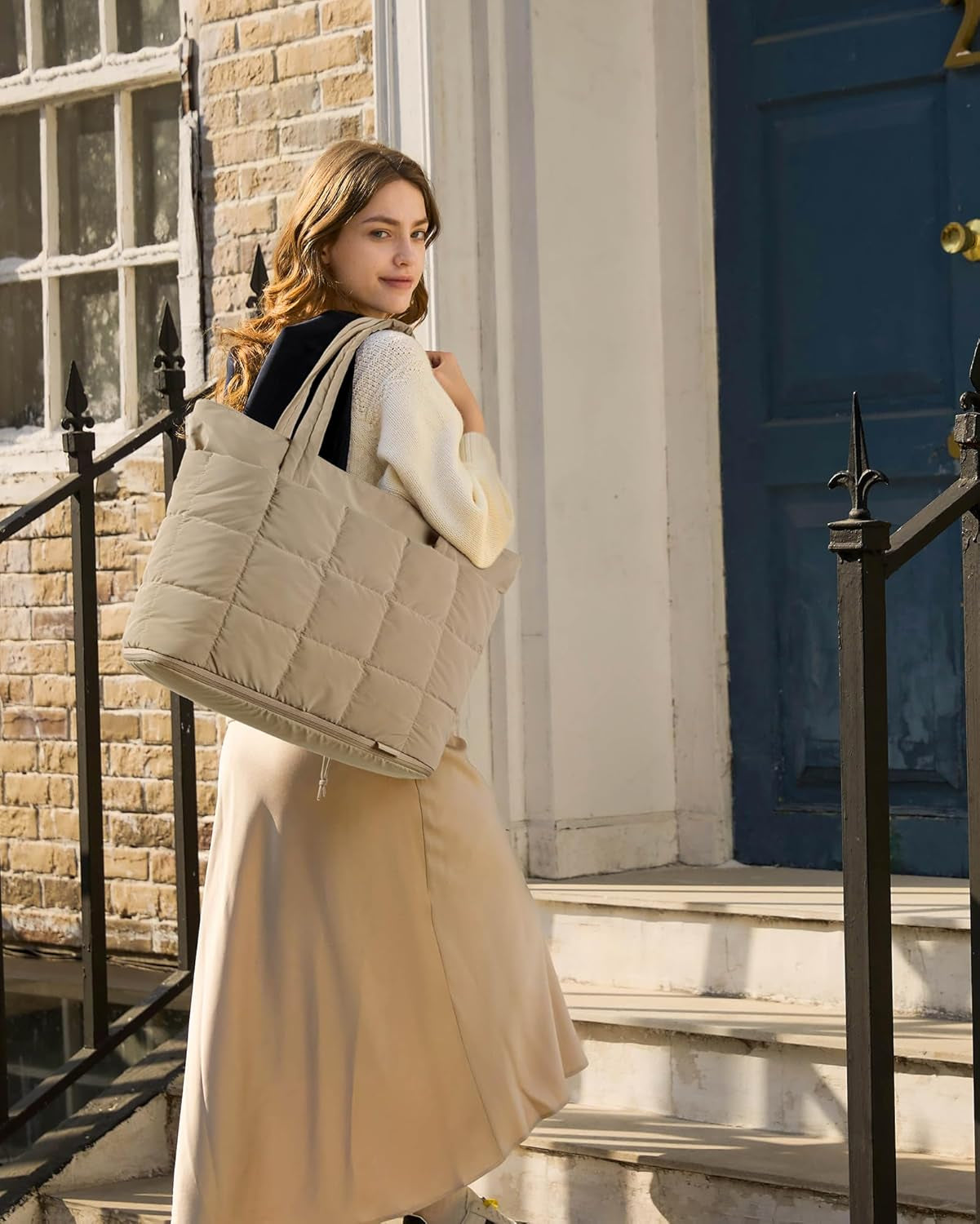 Large Tote Bag for Women, Expandable Puffer Work Tote Handbag, Quilted Carry-On Travel Gym Bag