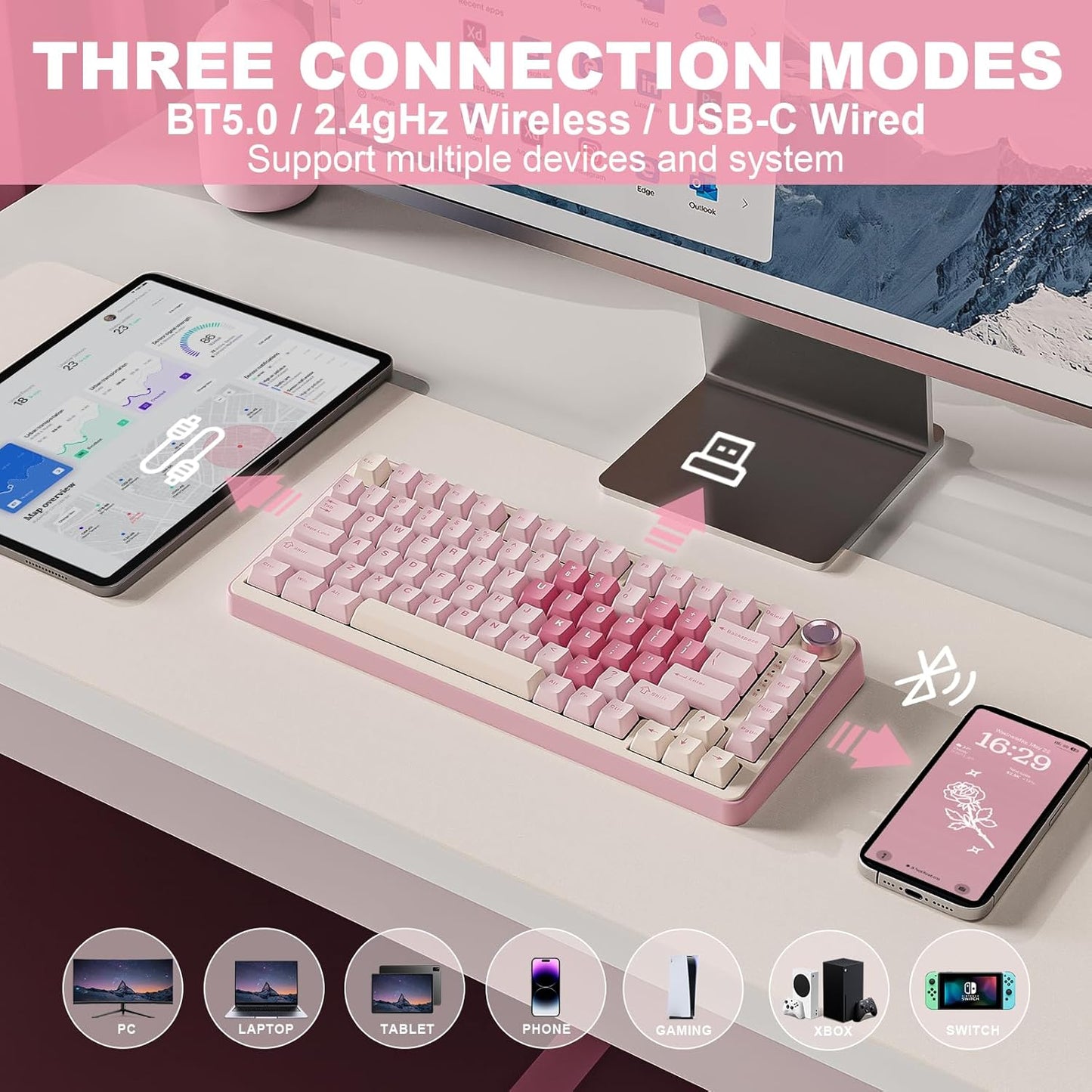B75 PRO Wireless Mechanical Keyboard,75% Layout with Knob,Hot Swap Gasket Custom Structure,Creamy Pre-Lubed Switches,Rgb Backlit,Bluetooth/Type-C/2.4G for Win/Mac(Cocoa Cream V2 Switch,Pink)