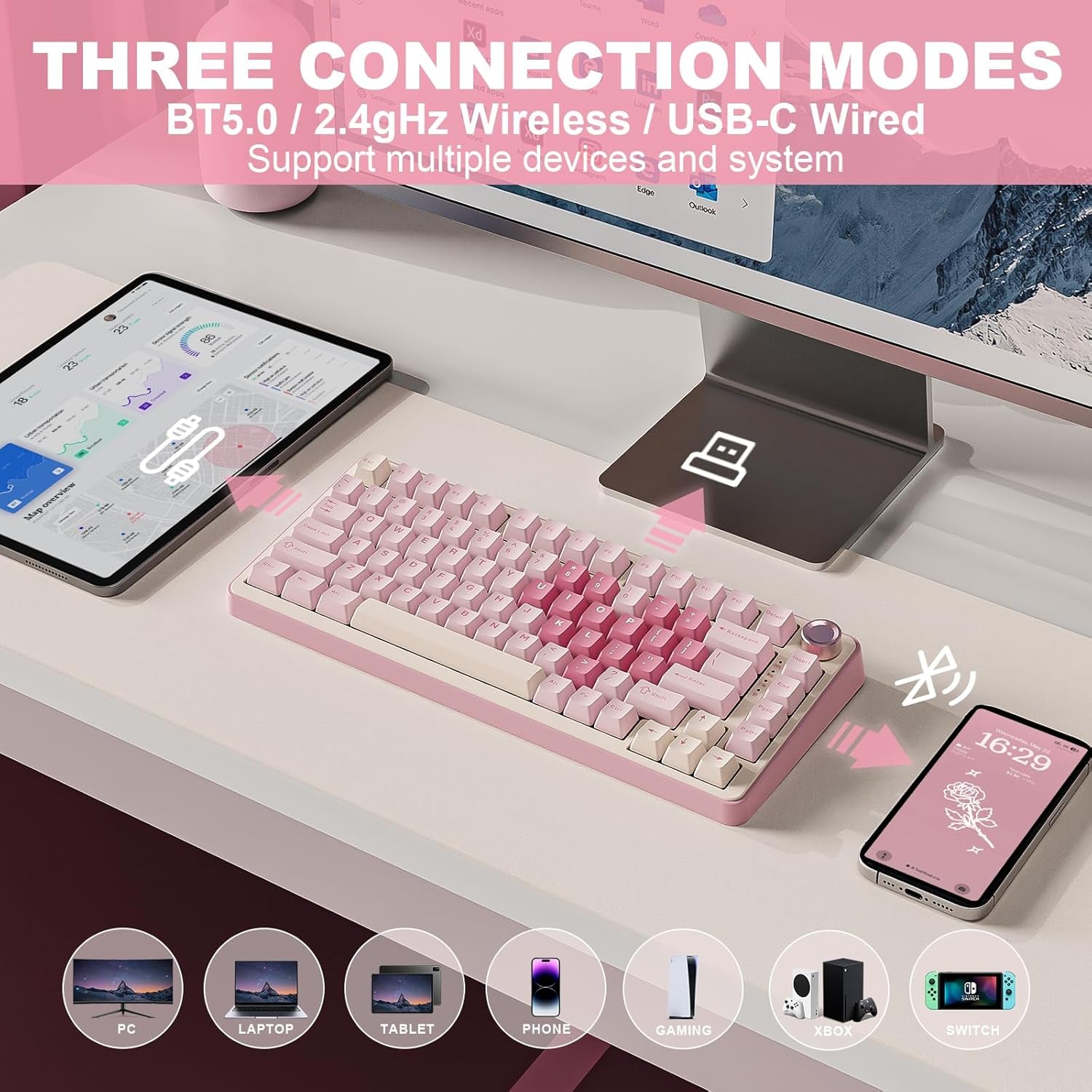 B75 PRO Wireless Mechanical Keyboard,75% Layout with Knob,Hot Swap Gasket Custom Structure,Creamy Pre-Lubed Switches,Rgb Backlit,Bluetooth/Type-C/2.4G for Win/Mac(Cocoa Cream V2 Switch,Pink)