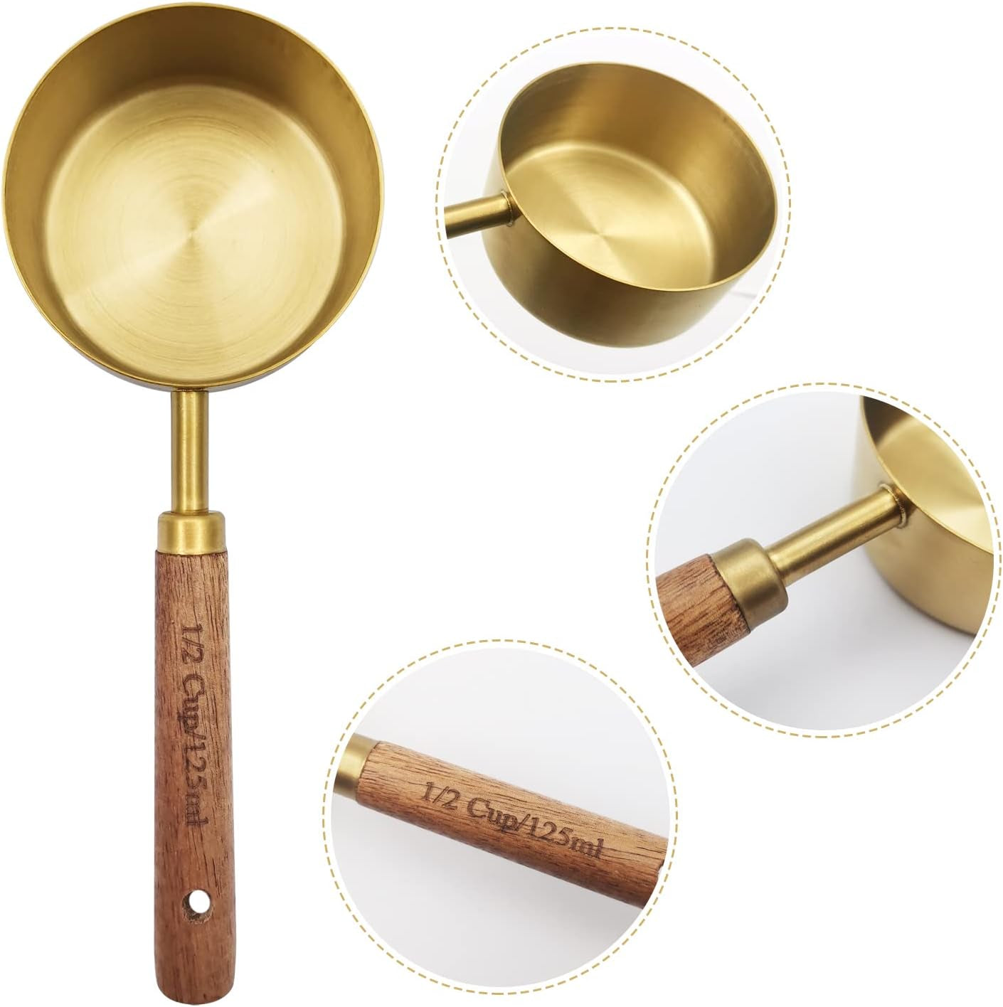 Gold Measuring Cups and Spoons Set with Fragrant Wood Handle, Measuring Cups, Metal Measuring Spoons and Measuring Cup Set for Cooking & Baking, Set of 8 Pcs