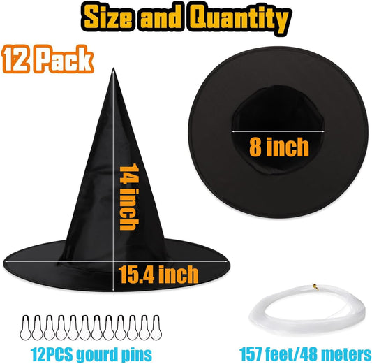 12PCS Halloween Witch Hats, Thickened Black Hanging Witch Hat for Halloween Party Decoration, Wizard Costume Accessory for Women Kids