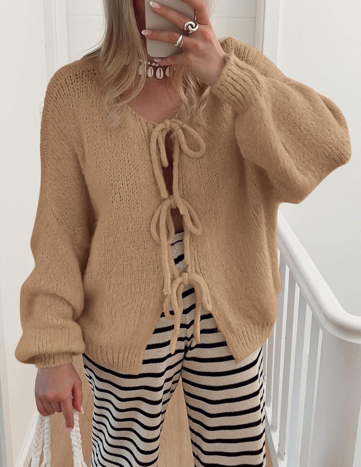 Women'S Tie Front Bow Cardigan Sweaters Chunky Knit Long Puff Sleeve Trendy Fall Winter Jacket Coats