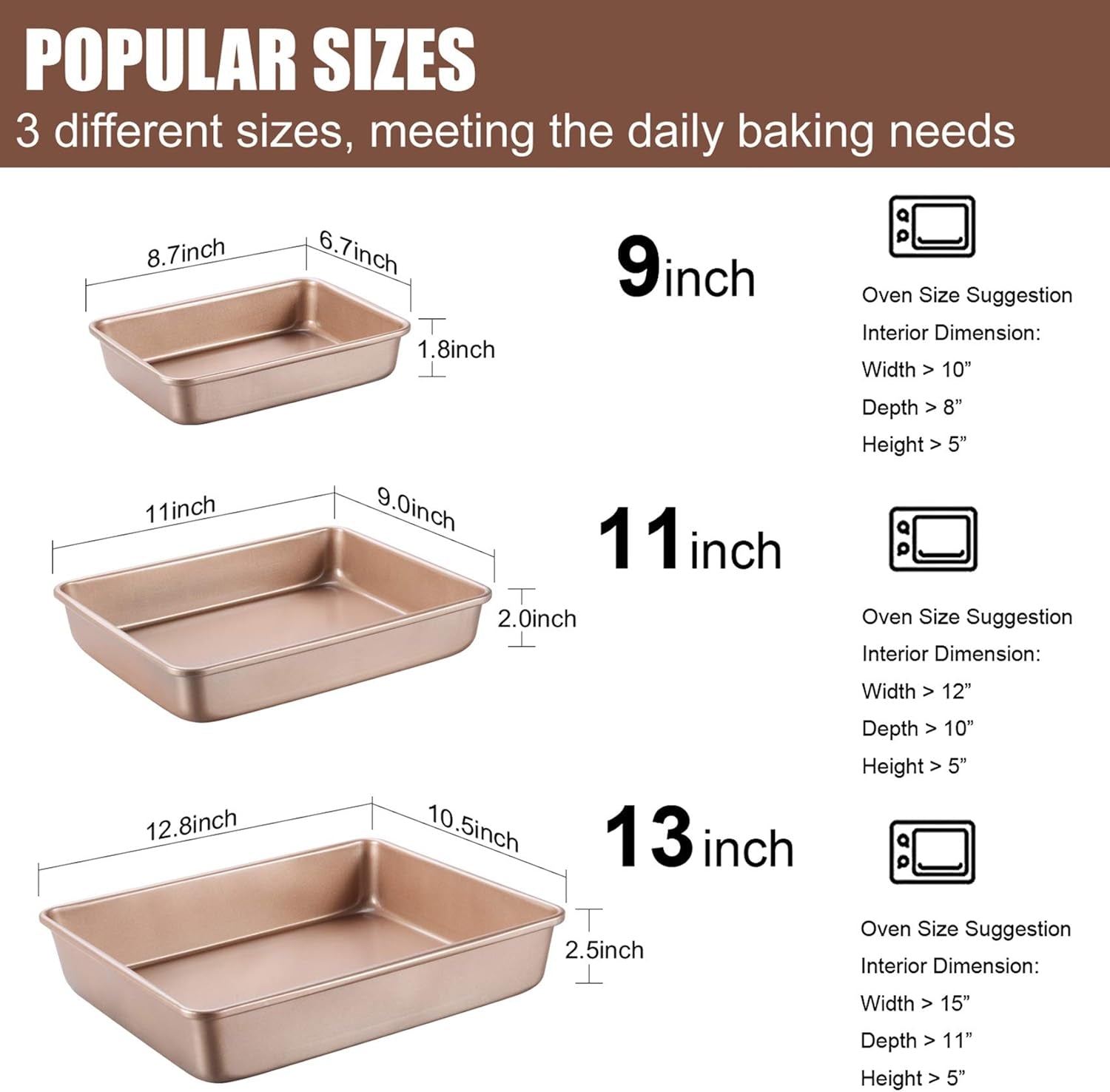 Deep Baking Pans Set Nonstick,Rectangle Cake Pan,Stackable Bakeware Set of 3,Oven Trays for Baking,Gold(9''/11''/13'')