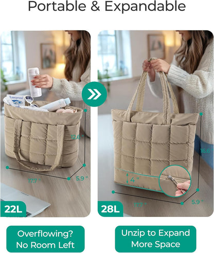 Large Tote Bag for Women, Expandable Puffer Work Tote Handbag, Quilted Carry-On Travel Gym Bag