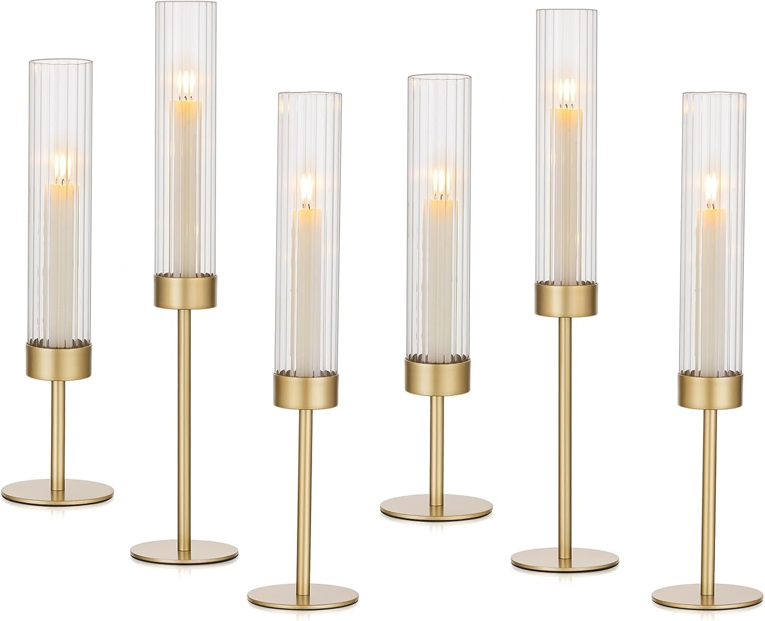 Gold Hurricane Candle Holders: Brass Candlestick Holders Set of 6 Tall Taper Candle Holders for Candlesticks Candle Sticks Holder Decor for Table Centerpiece Wedding Party Christmas Decorations