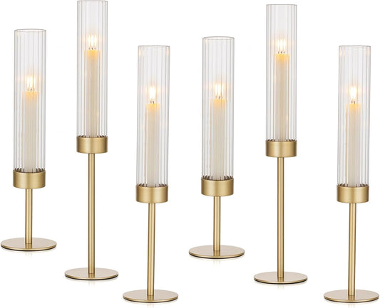 Gold Hurricane Candle Holders: Brass Candlestick Holders Set of 6 Tall Taper Candle Holders for Candlesticks Candle Sticks Holder Decor for Table Centerpiece Wedding Party Christmas Decorations