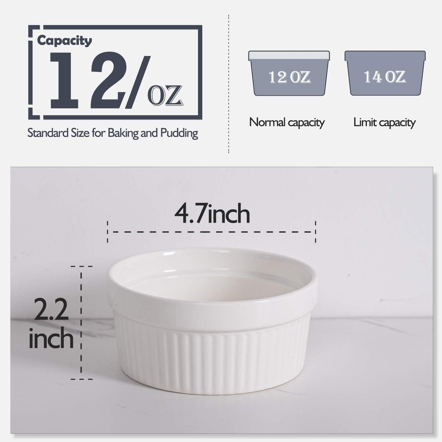 Ramekins 12 Oz Oven Safe, Creme Brulee Set, 6 PACK Porcelain Souffle Dish for Baking, Soup Bowls for French Onion Soup White