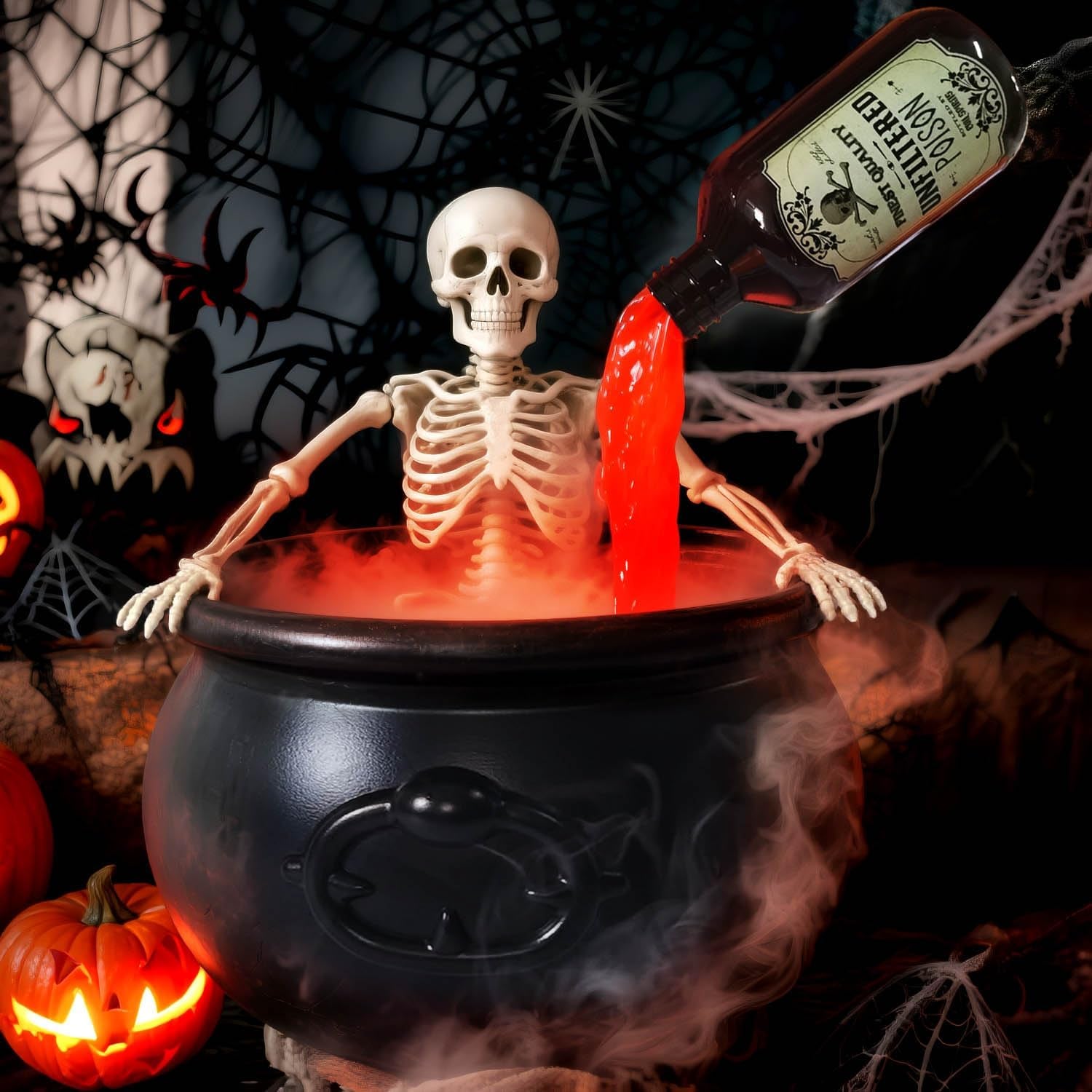 Halloween Decoration Set, Ultrasonic Mist Maker Fogger with Black Witch Cauldron DIY Magic Floating Bottles Halloween Skeleton Splash Guard, Spooky Hocus Pocus Party Decor for Home Garden Kitchen Yard