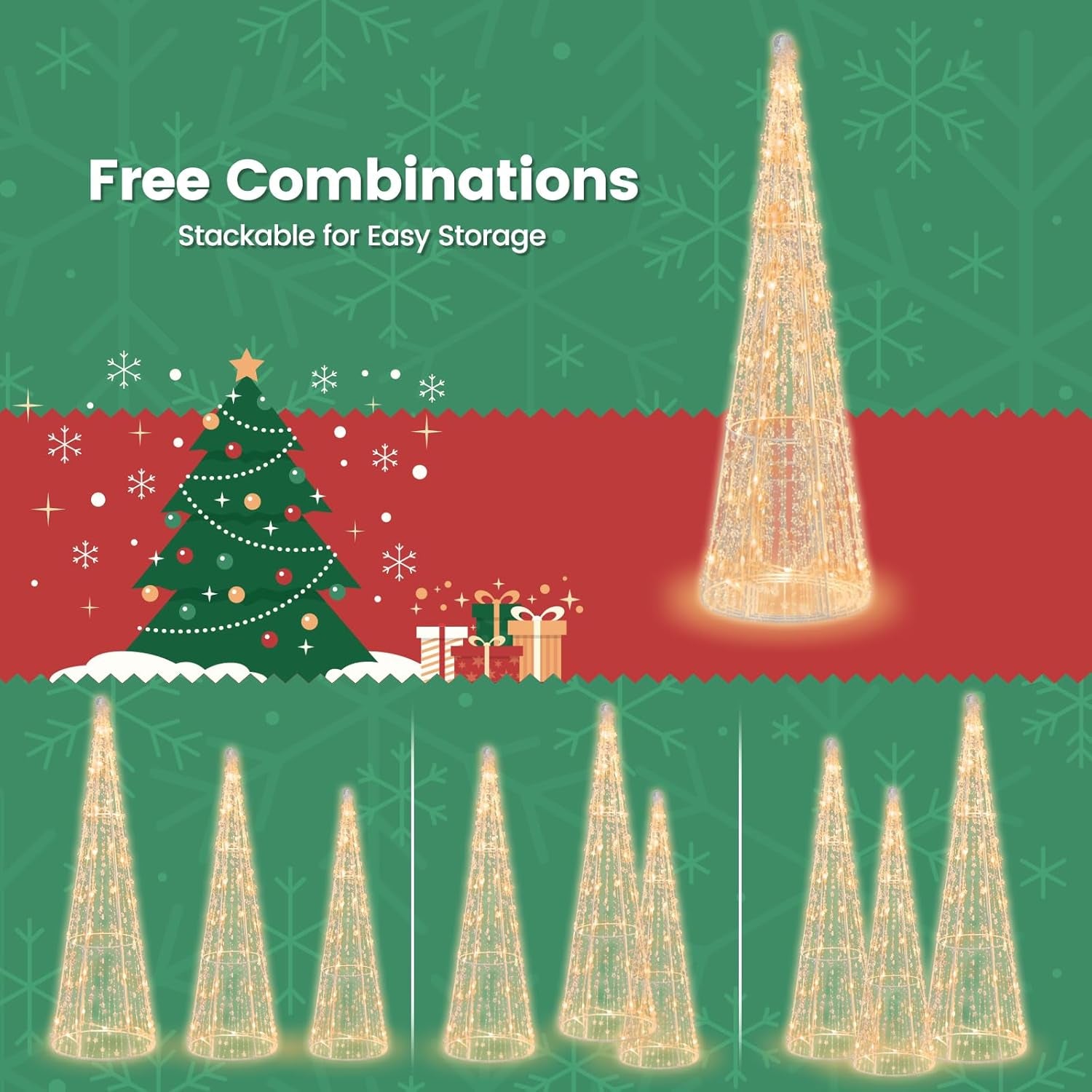 Set of 3 Lighted Christmas Cone Trees, Xmas Decorative Conic Tree Set with Star Strings, 90 Warm White LED Lights, Indoor & Outdoor Lighted Decorations for Lawn Yard Garden Party
