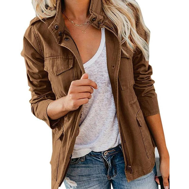 Yousify Womens Military Jacket Zip up Snap Buttons Lightweight Utility Anorak Field Safari Coat Outwear with Pocket