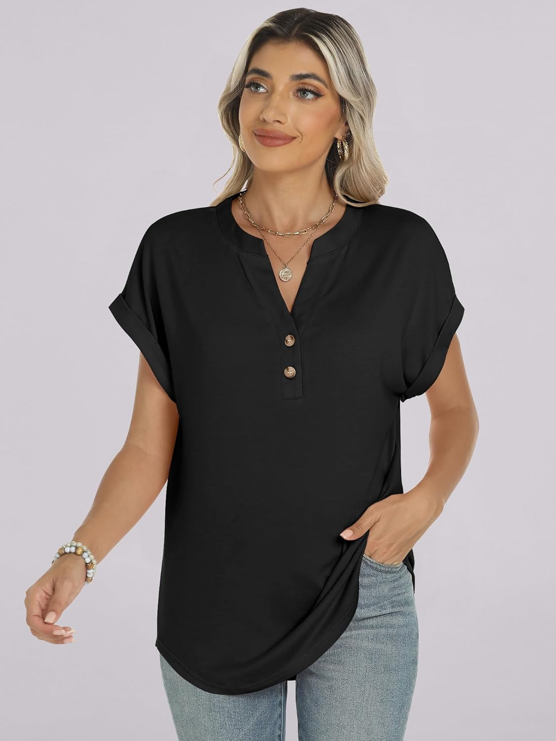 Womens Short Sleeve Henley Tops V Neck Dressy Casual Blouses Summer Trendy Tee Shirts 2026 Vacation Fashion Clothes